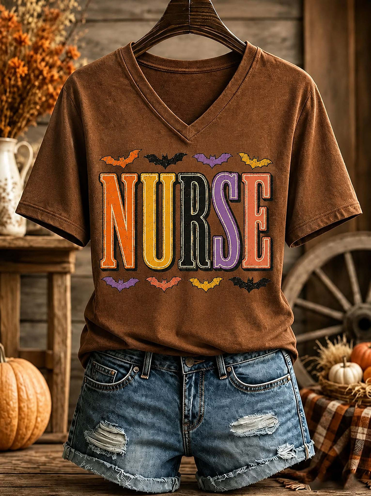 A brown V-neck graphic T-shirt on a hanger, styled with distressed denim shorts in a rustic fall-themed setting. The shirt features the word 'NURSE' in large, colorful block letters with small bat silhouettes above and below.