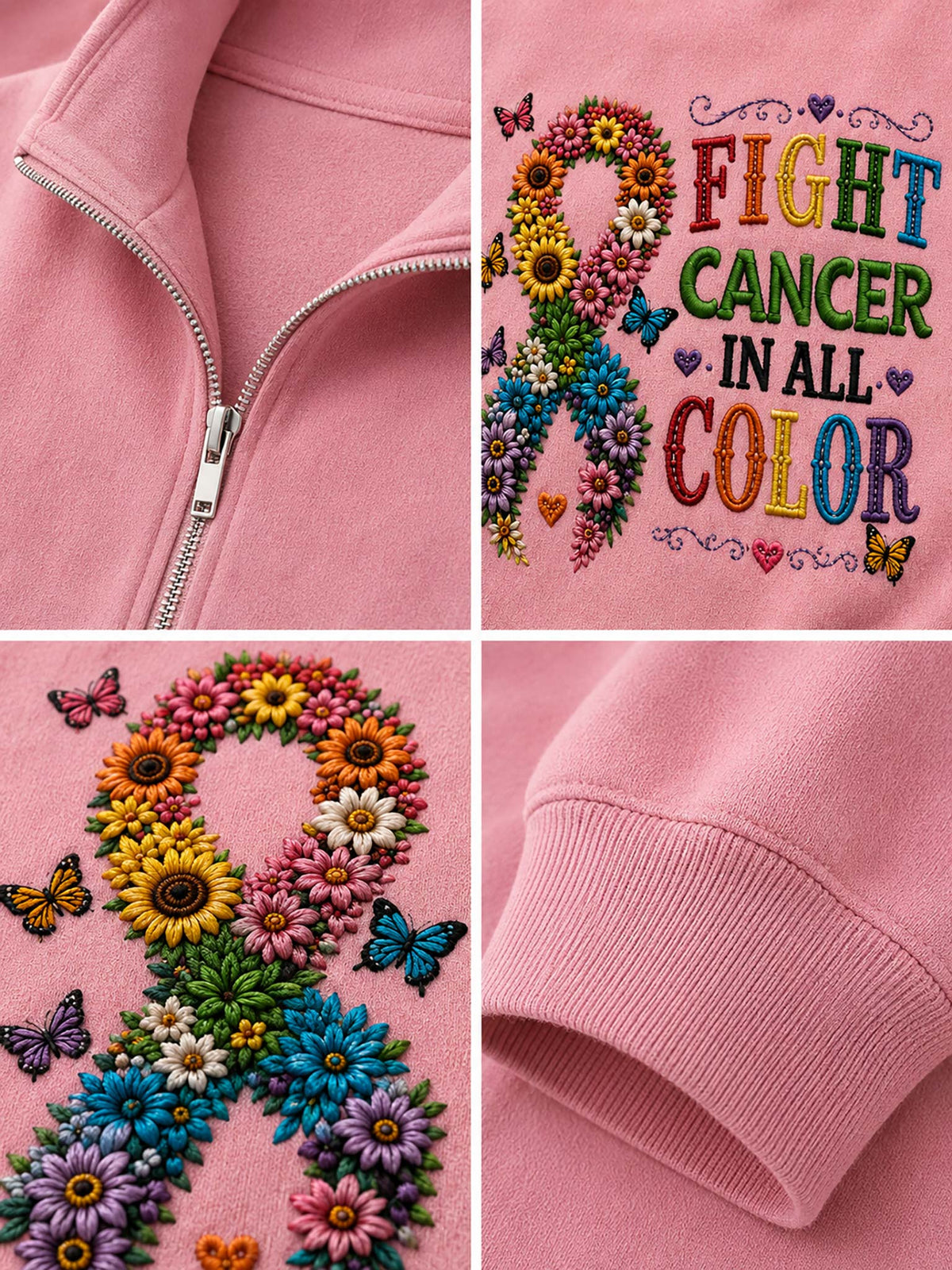 A four-panel close-up collage of a pink fleece garment, showing the zipper, a colorful embroidered floral ribbon and the words “FIGHT CANCER IN ALL COLOR,” a detailed view of the floral ribbon embroidery, and a close-up of the ribbed cuff.