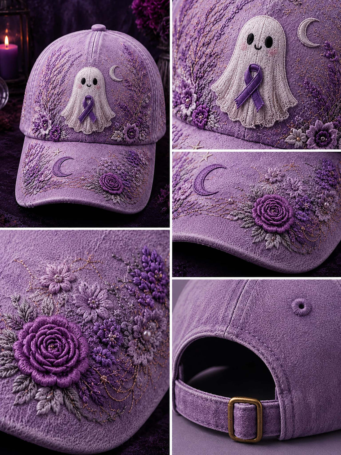 A lavender-purple embroidered baseball cap featuring a white ghost with a purple ribbon on the front, surrounded by floral and crescent moon embroidery, set against a dark purple background with candles and flowers.