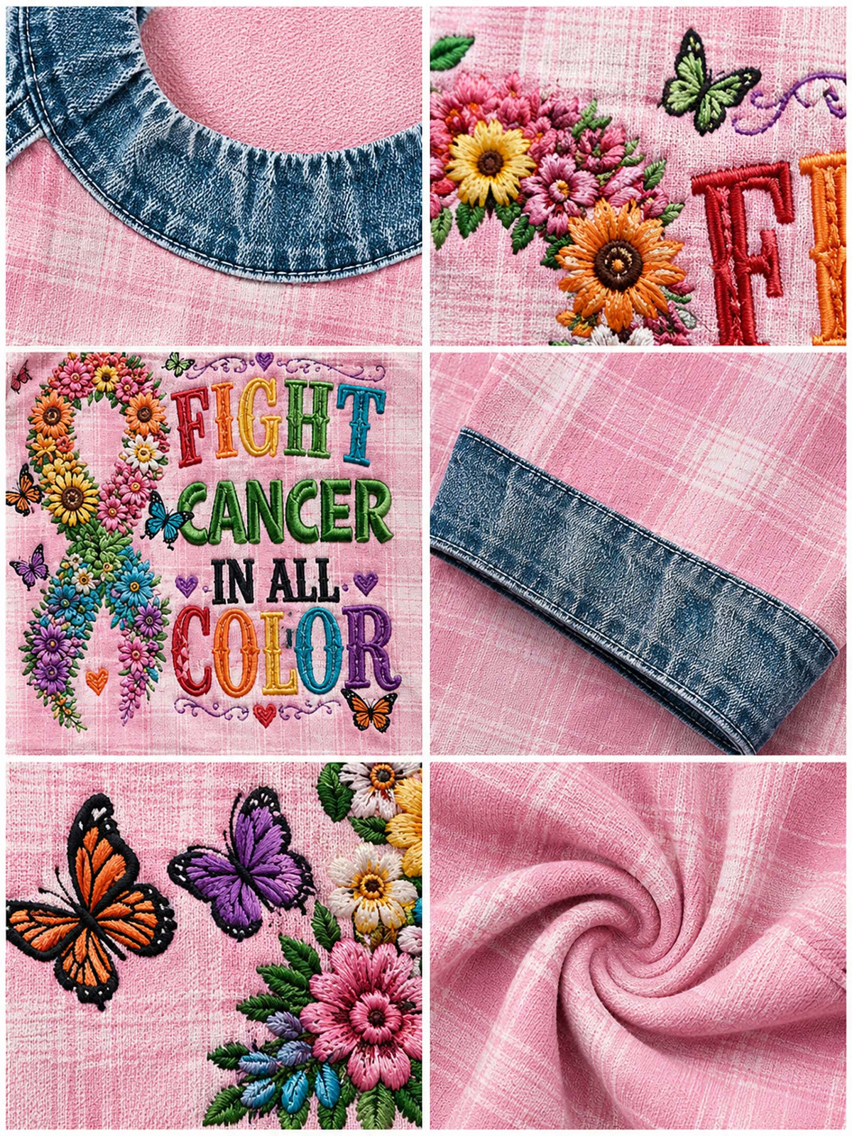 Six-panel collage showing a pink fabric product with embroidered designs and a denim collar trim. Designs include colorful flowers, butterflies, a ribbon, and the words “FIGHT CANCER IN ALL COLOR.