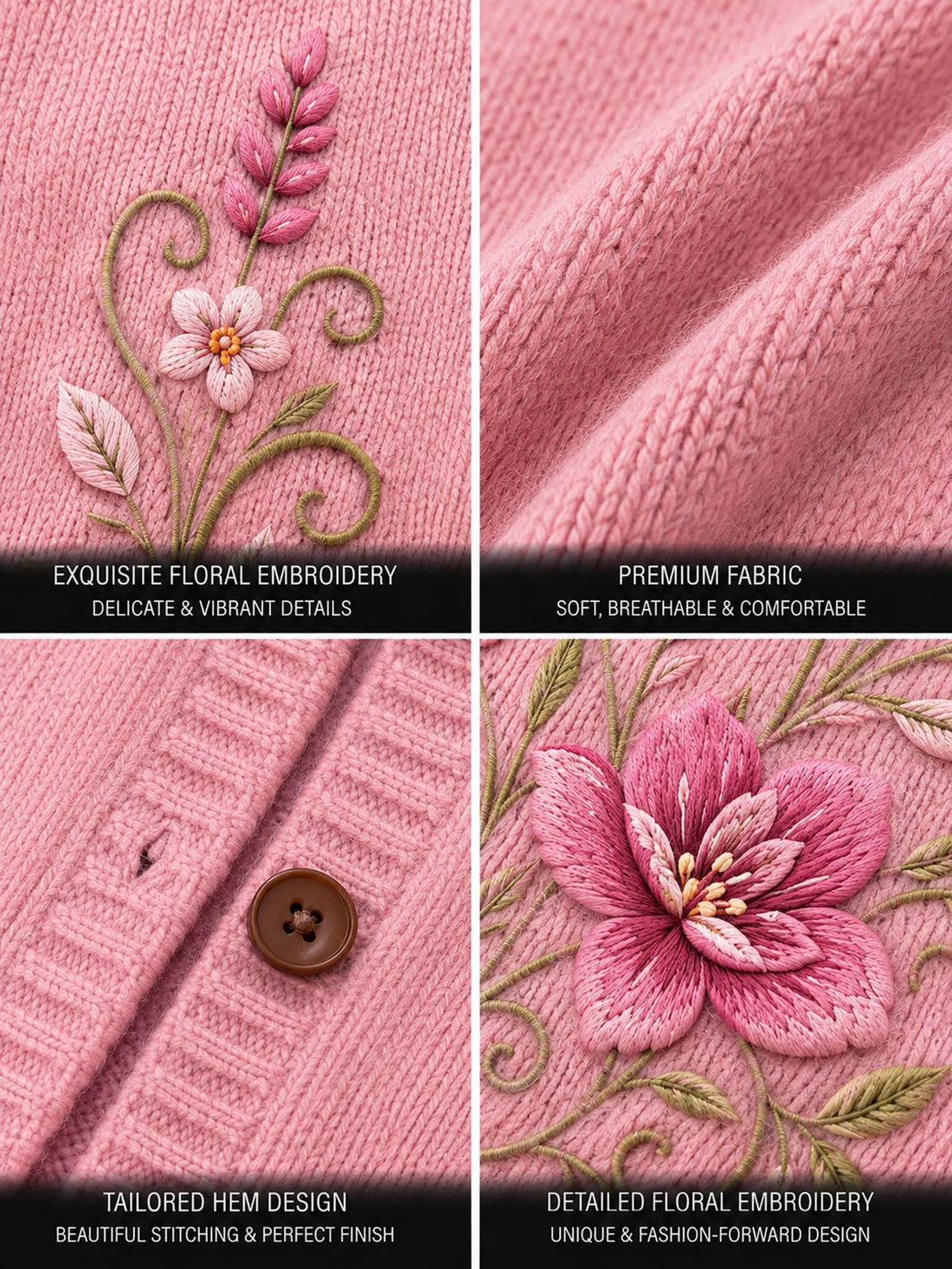 A woman wearing a pink knit cardigan sweater with floral embroidery and brown buttons, paired with light beige pants, against a neutral beige background.