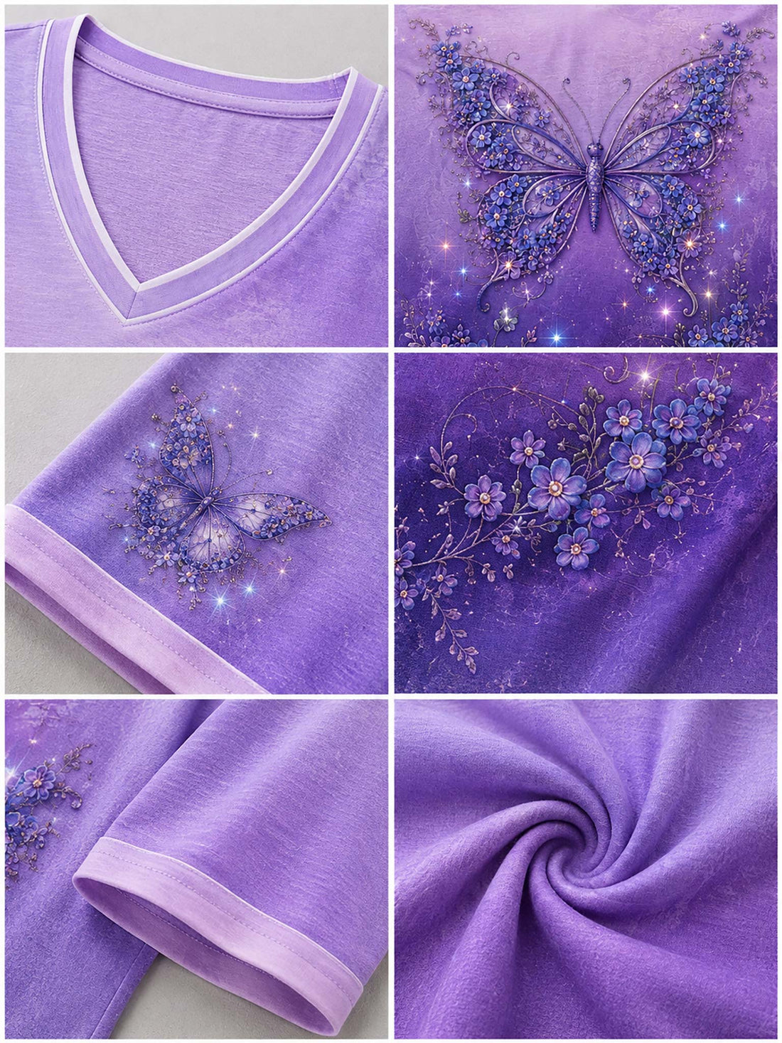 A woman wearing a purple V-neck short-sleeve t-shirt with a large glittery butterfly and floral graphic on the front, paired with blue jeans.