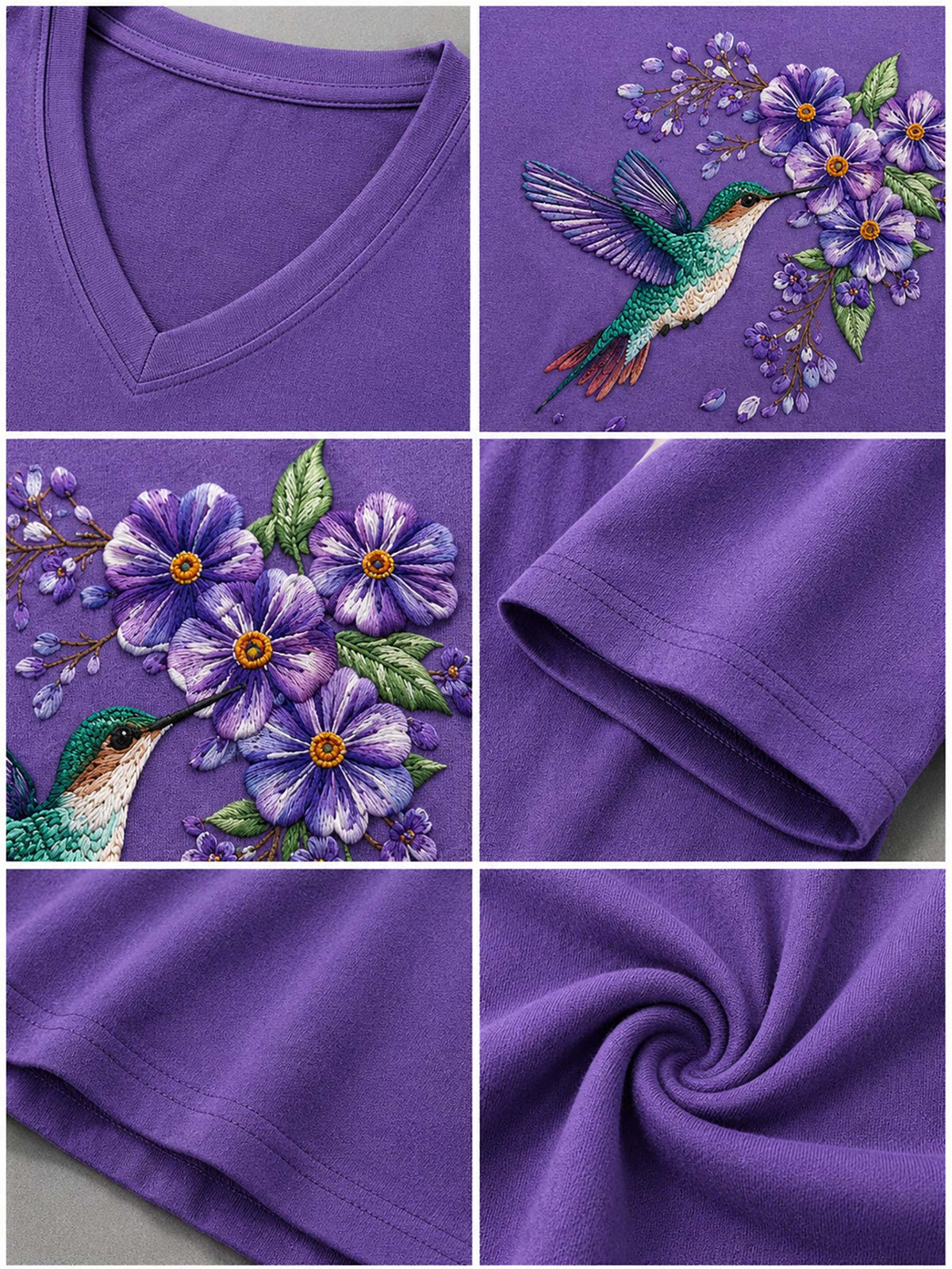 A six-panel collage showing a purple V-neck fabric product: close-up of the neckline, a detailed embroidered design of a hummingbird and purple flowers, a side view of the floral embroidery, a folded cuff, and a fabric swirl showing the material texture.
