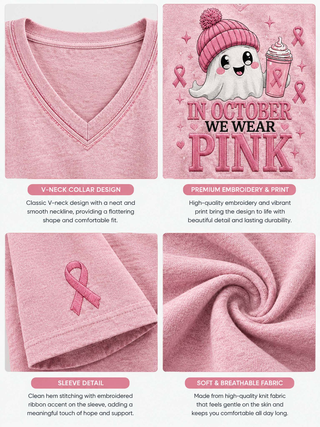 A woman wearing a pink V-neck short-sleeve t-shirt with a cartoon ghost graphic and the text 'IN OCTOBER WE WEAR PINK' on the front, paired with blue jeans.