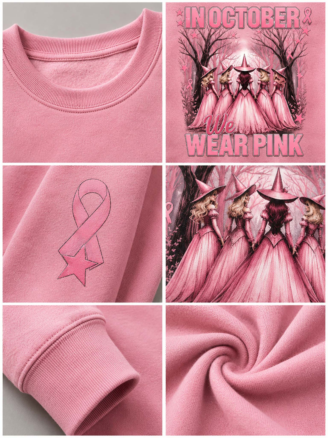 A woman wearing a pink crewneck sweatshirt with a graphic that reads 'IN OCTOBER WE WEAR PINK' and shows a group of women in pink dresses under a crescent moon, with pink awareness ribbons on the sleeves.