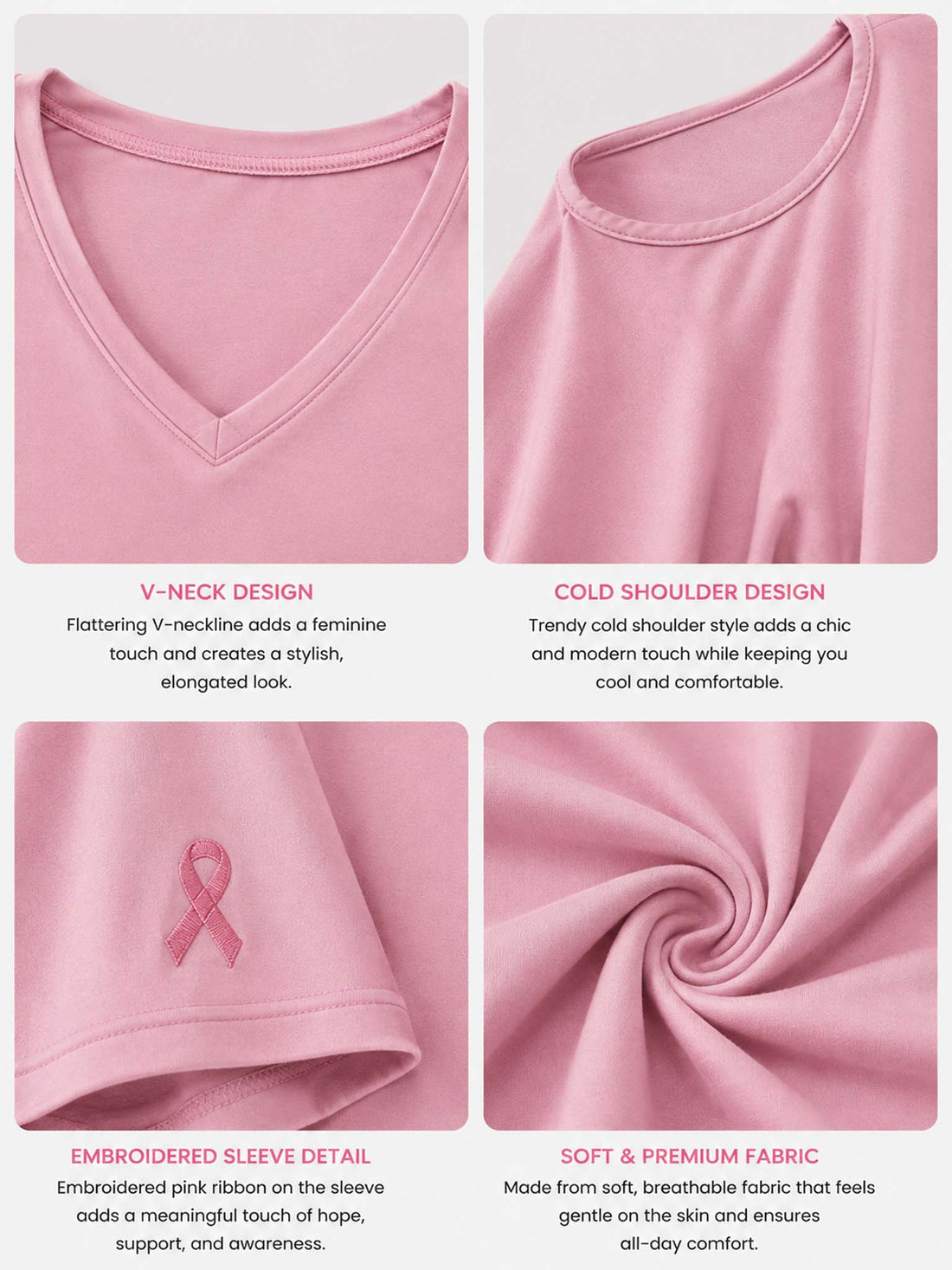 A woman wearing a pink cold-shoulder V-neck t-shirt with a cartoon ghost graphic holding a pink drink and the text 'IN OCTOBER WE WEAR PINK'.