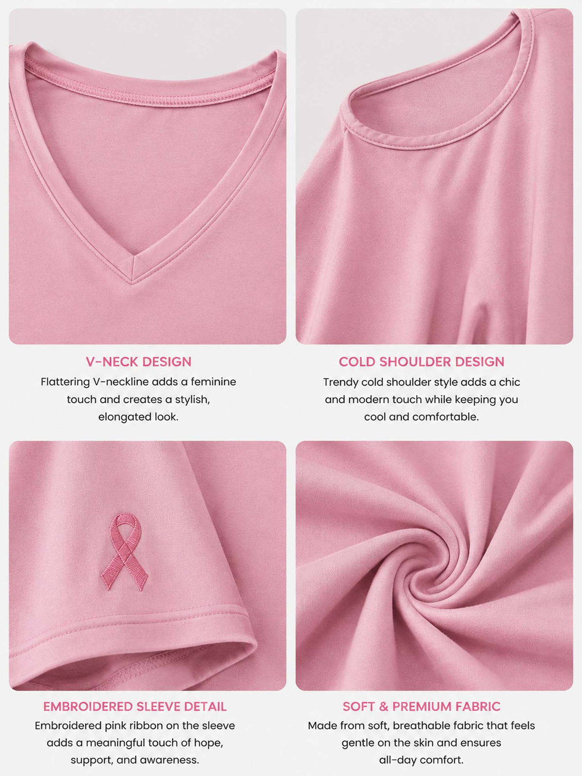 Four-panel product feature collage for a light pink V-neck top. The panels show close-ups of the neckline, shoulder, sleeve with an embroidered pink ribbon detail, and fabric texture, with text describing the design and fabric qualities.