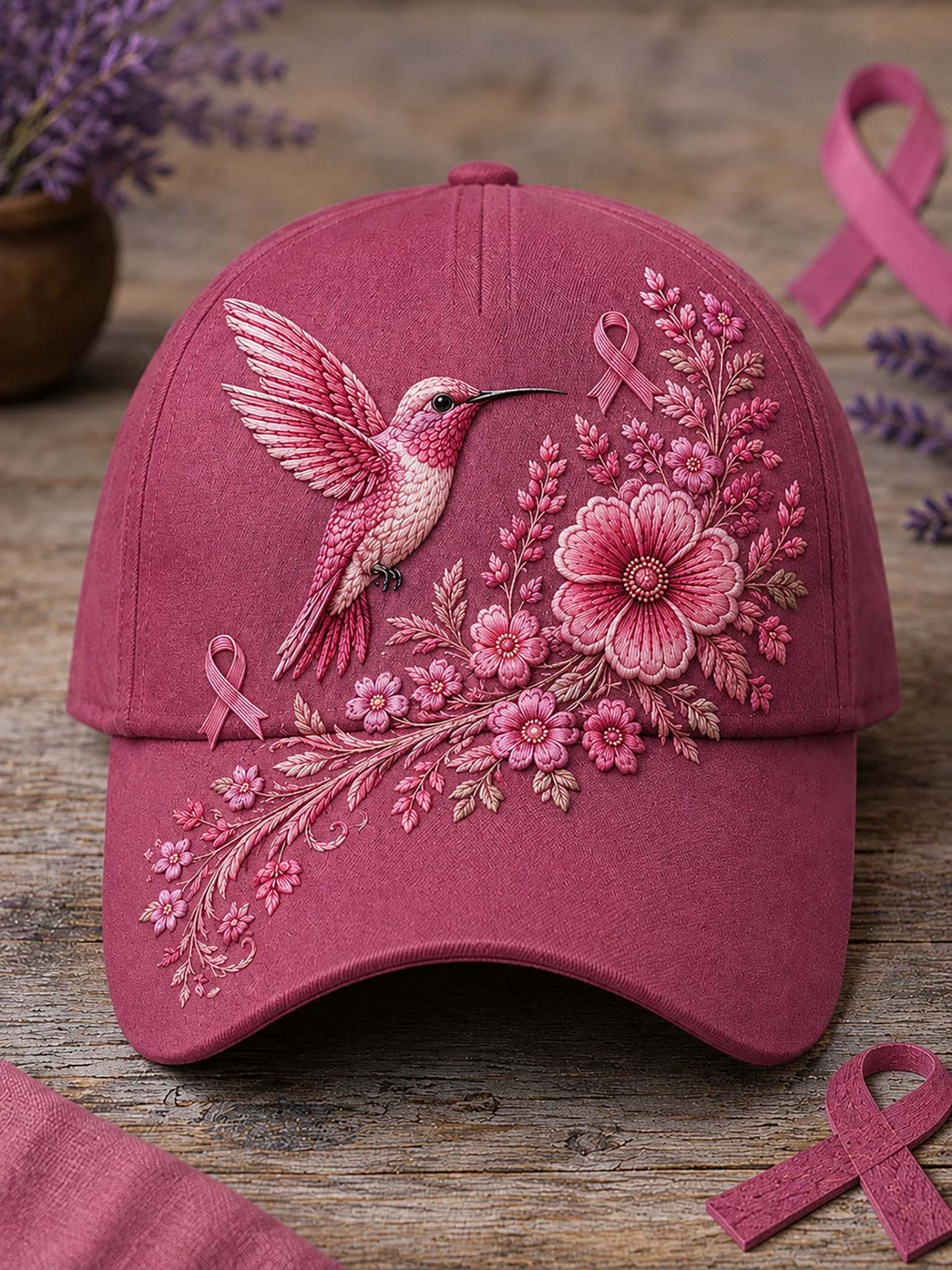 A dusty rose pink baseball cap featuring detailed pink and beige floral embroidery with a hummingbird and pink awareness ribbons, displayed on a rustic wooden surface with matching pink ribbon props.