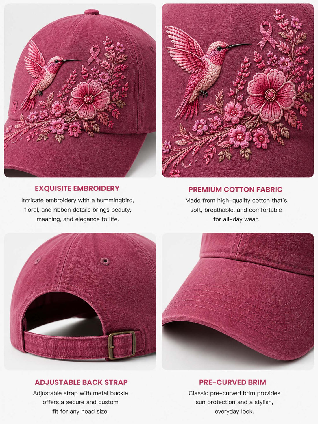 A dusty rose pink baseball cap featuring detailed pink and beige floral embroidery with a hummingbird and pink awareness ribbons, displayed on a rustic wooden surface with matching pink ribbon props.