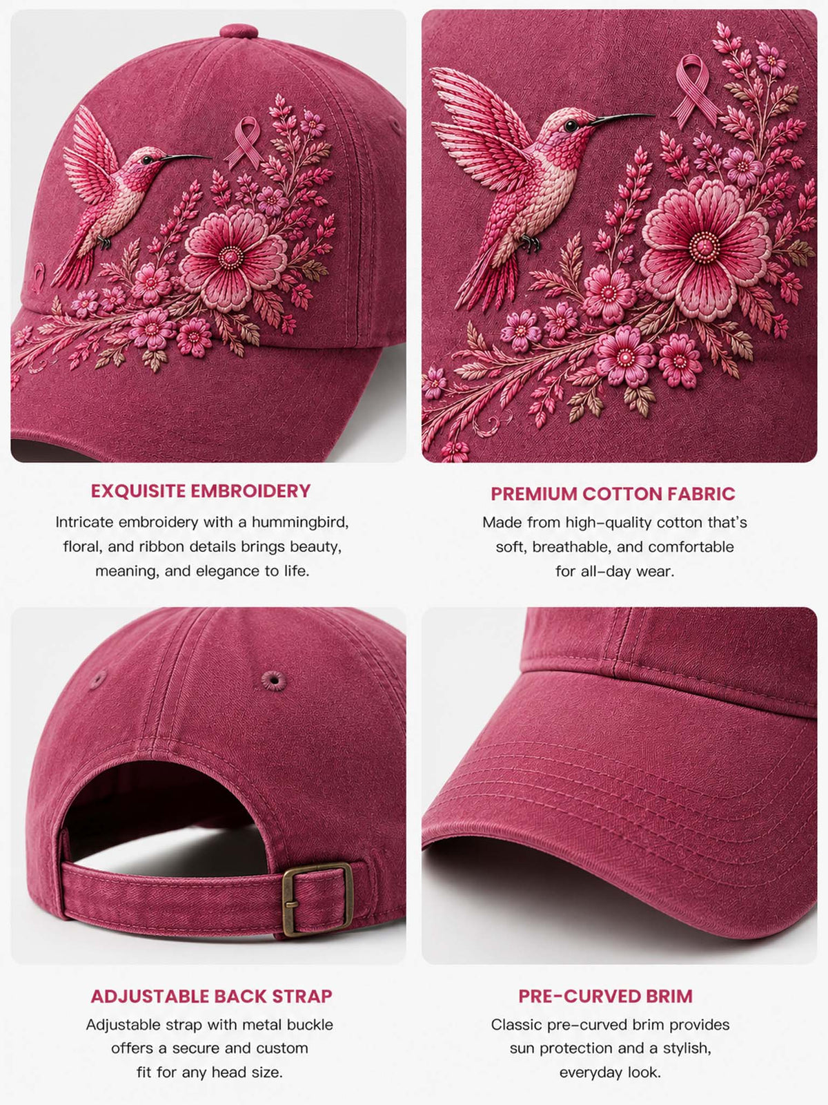 A four-panel product collage showing a dusty rose pink baseball cap with detailed embroidery. The embroidery features a hummingbird, pink ribbon, and flowers on a branch.