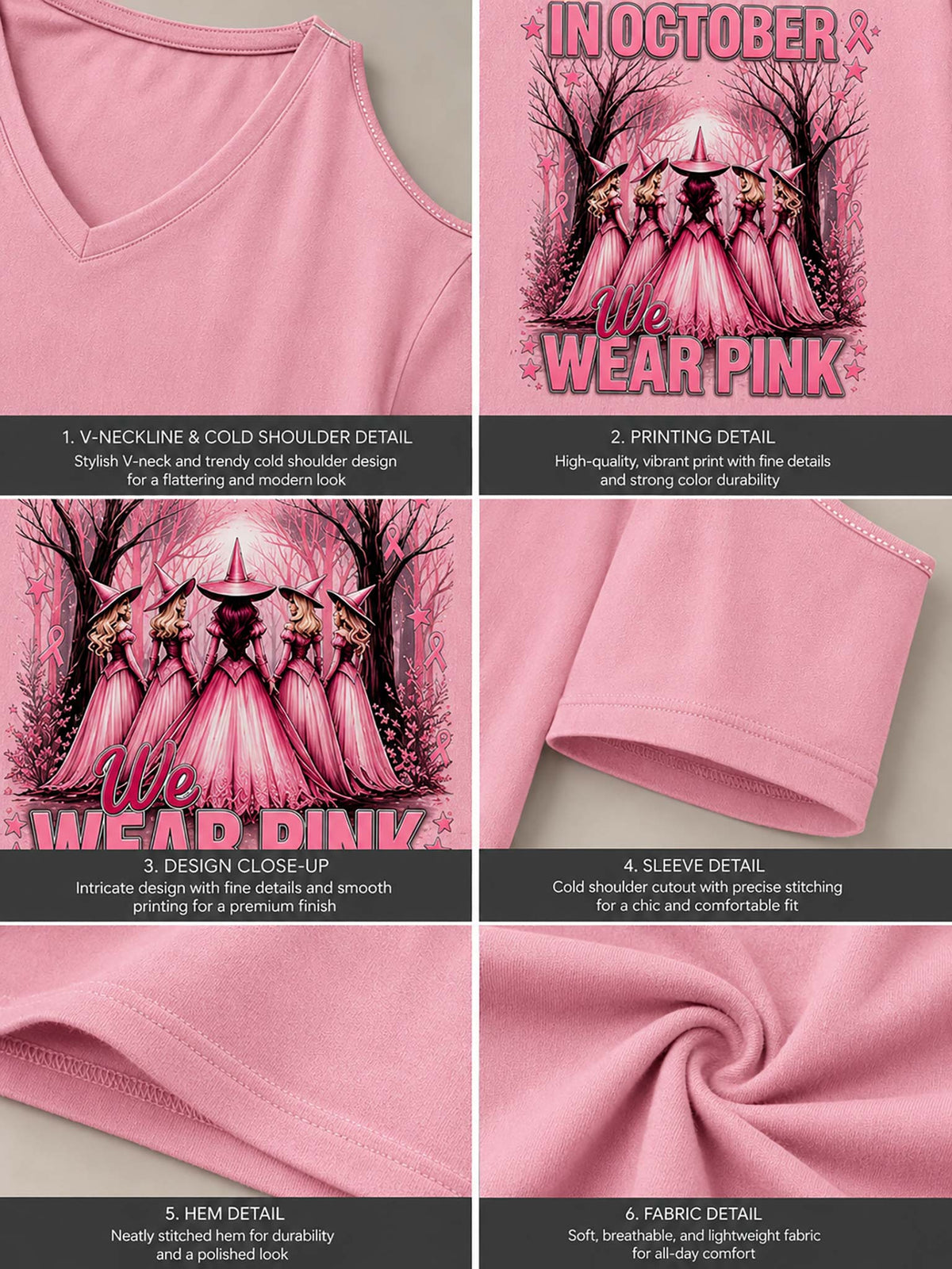 A six-panel product detail collage showing a pink V-neck top with a large pink graphic print reading 'In October We Wear Pink' and 'The Wear Dink.' The panels highlight the neckline, print, sleeve, hem, and fabric texture on a light neutral background.