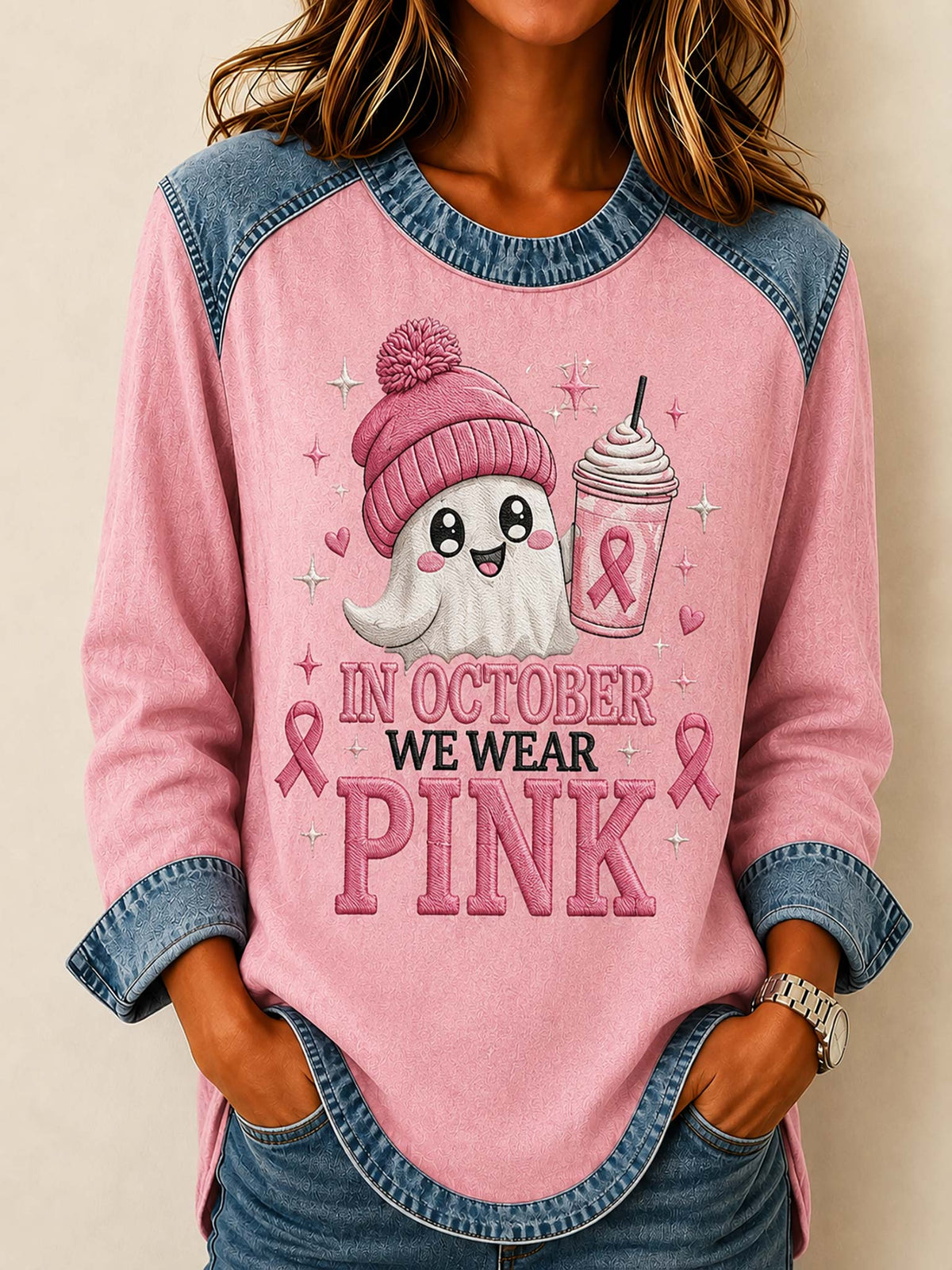 Breast Cancer Awareness Halloween Pink Ghost Women's Crew Neck Sweatshirt