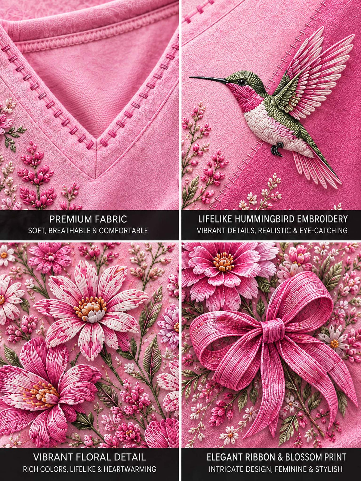 A four-panel close-up collage of a pink embroidered fabric design, showing a V-neck area, a hummingbird motif, floral embroidery, and a large ribbon bow, with descriptive text overlays.