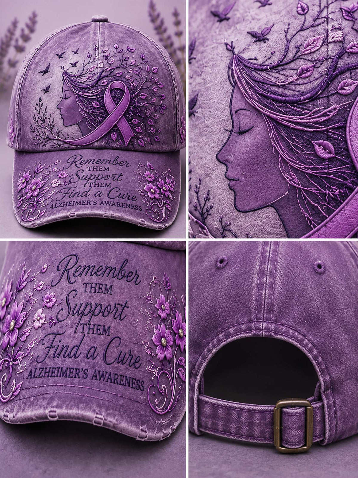 A purple distressed baseball cap shown in a four-panel collage, featuring an embroidered profile of a woman with a ribbon, floral details, and the text 'Remember Them Support Them Find a Cure Alzheimer's Awareness.' Close-up views show the front crown, side embroidery, and back strap with metal buckle.