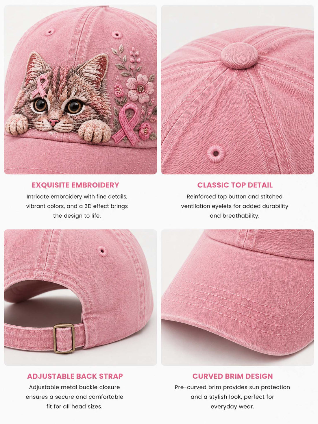 A pink baseball cap with an embroidered cat face and pink awareness ribbons on the front, displayed on a wooden surface with soft floral background decor.
