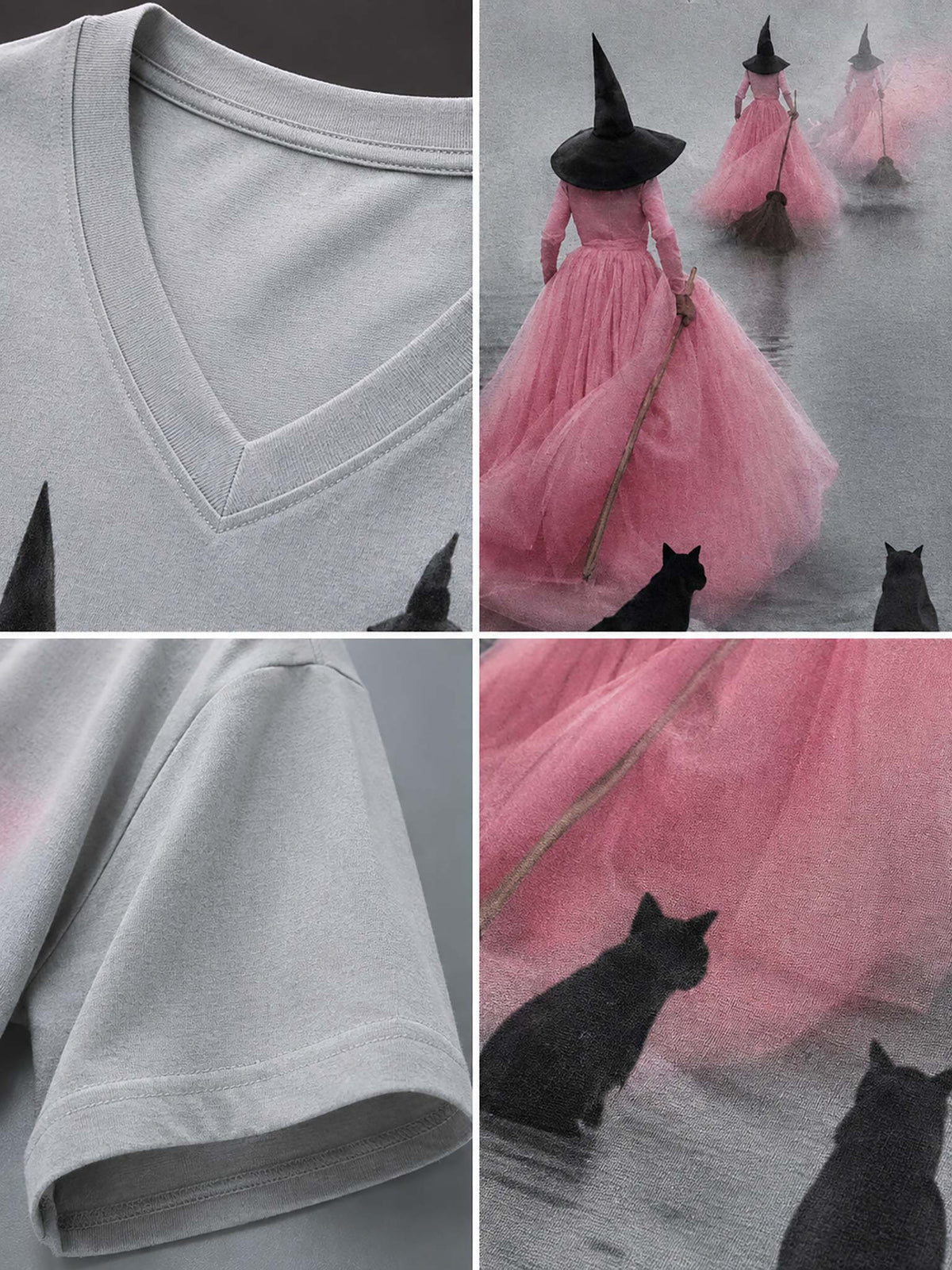 A light gray V-neck t-shirt shown in a four-panel collage, featuring close-ups of the collar and sleeve, plus a full-body view of the shirt printed with a scene of a witch in a pink dress, black hat, and black cats on a reflective water surface.