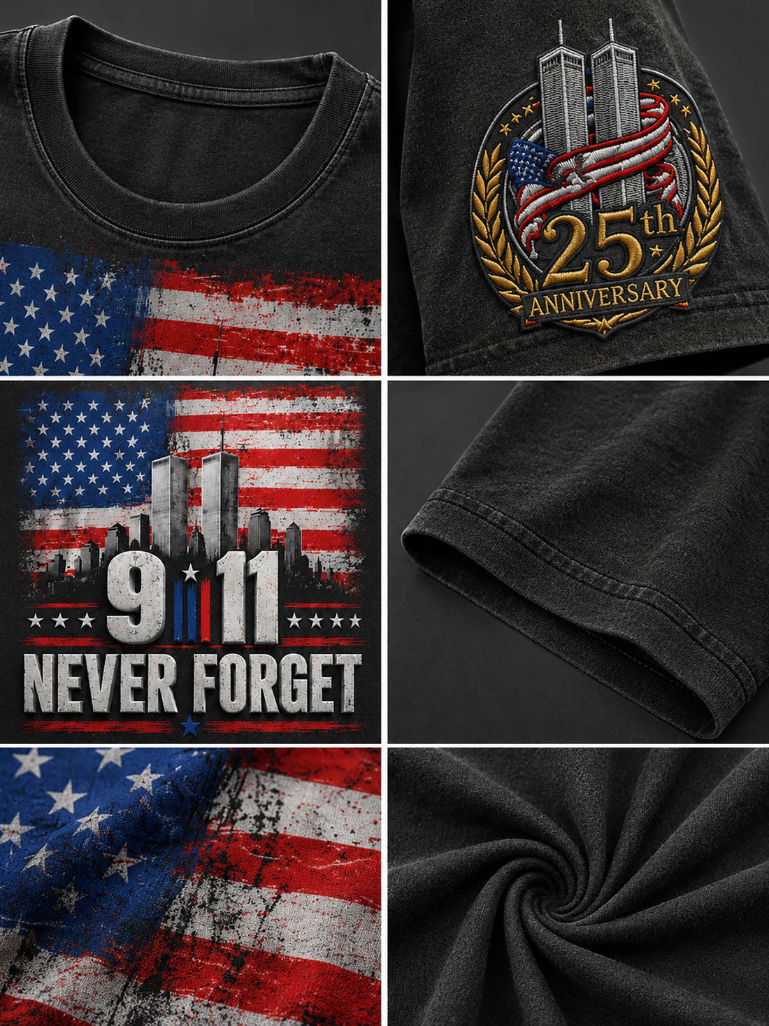 A dark charcoal gray graphic t-shirt featuring a distressed American flag, the 9/11 Twin Towers skyline, '9/11' in large numbers, and 'NEVER FORGET' with a 25th Anniversary sleeve patch.