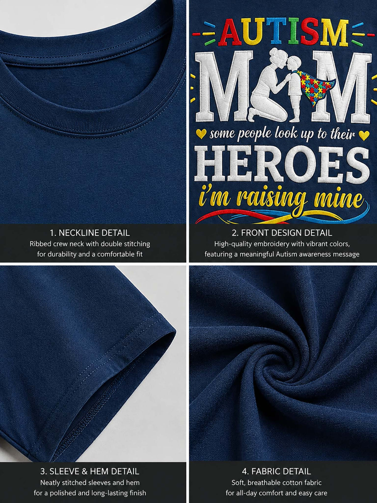 A four-panel product detail graphic showing a navy blue T-shirt: neckline stitching, front graphic design with the text 'AUTISM MOM some people look up to their HEROES i'm raising mine,' sleeve and hem finish, and fabric texture. The shirt includes a large multicolor Autism Awareness-themed front print on a navy base.