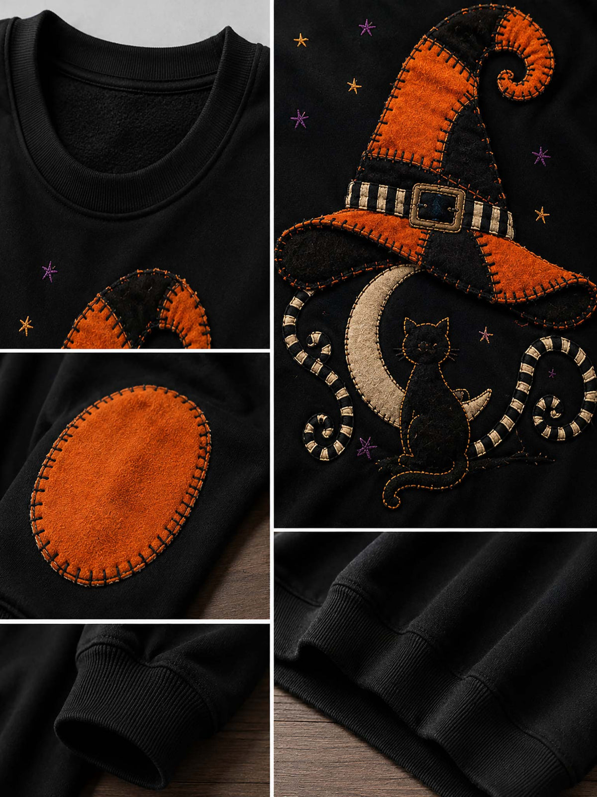Black crewneck sweatshirt with a Halloween-themed applique design featuring an orange witch hat, black cat, crescent moon, and stars, shown in a multi-view collage.