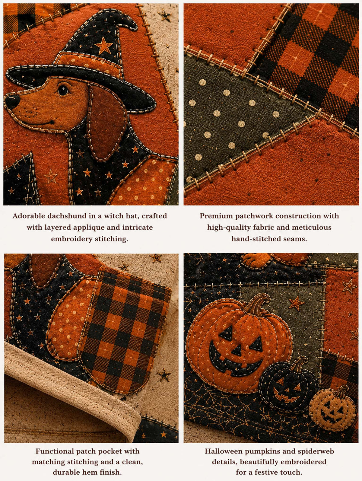A four-panel product showcase of a handmade patchwork quilt featuring a dachshund in a witch hat, orange and black buffalo plaid, embroidered jack-o'-lanterns, spiderwebs, and a patch pocket, with descriptive text overlays.