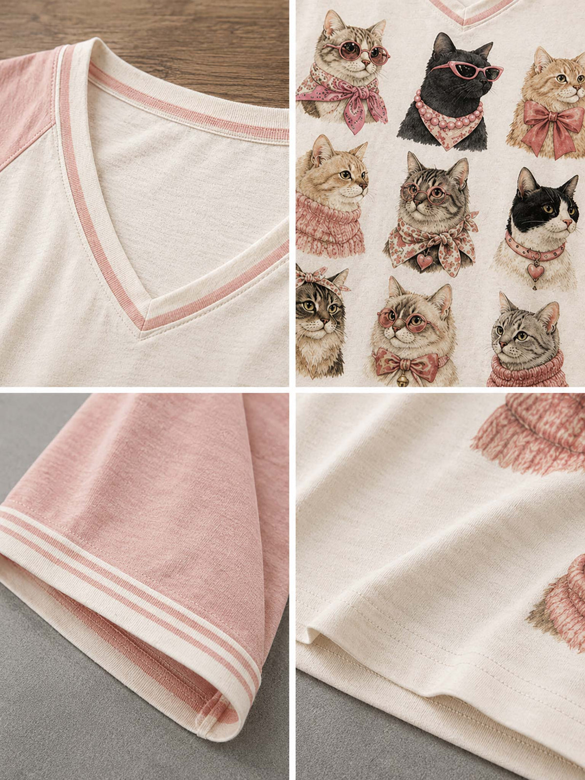 A four-panel close-up collage of a women's short-sleeve V-neck top. The top-left panel shows the light pink and off-white ribbed trim of the V-neckline.