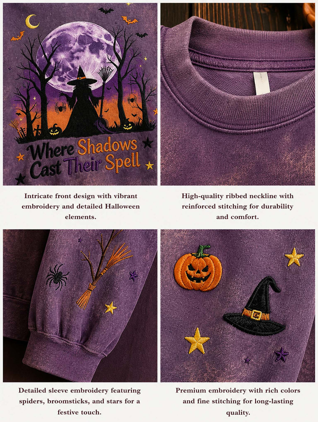 A lavender-purple crewneck sweatshirt with a Halloween graphic print, styled on a wooden hanger with denim shorts against a dark wood plank background. The graphic features a witch silhouette, a full moon, bats, pumpkins, and the text 'Where Shadows Cast Their Spell'.