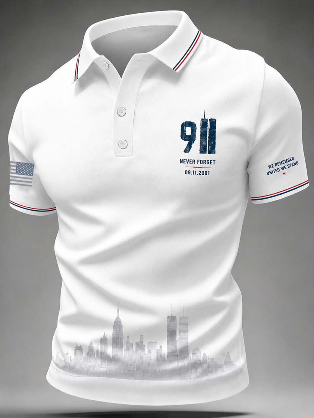 White short-sleeve polo shirt with a navy '9/11' memorial graphic on the left chest, red and navy striped collar trim, a faded gray city skyline print along the hem, and additional text graphics on both sleeves.