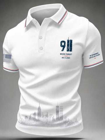 White short-sleeve polo shirt with a navy '9/11' memorial graphic on the left chest, red and navy striped collar trim, a faded gray city skyline print along the hem, and additional text graphics on both sleeves.