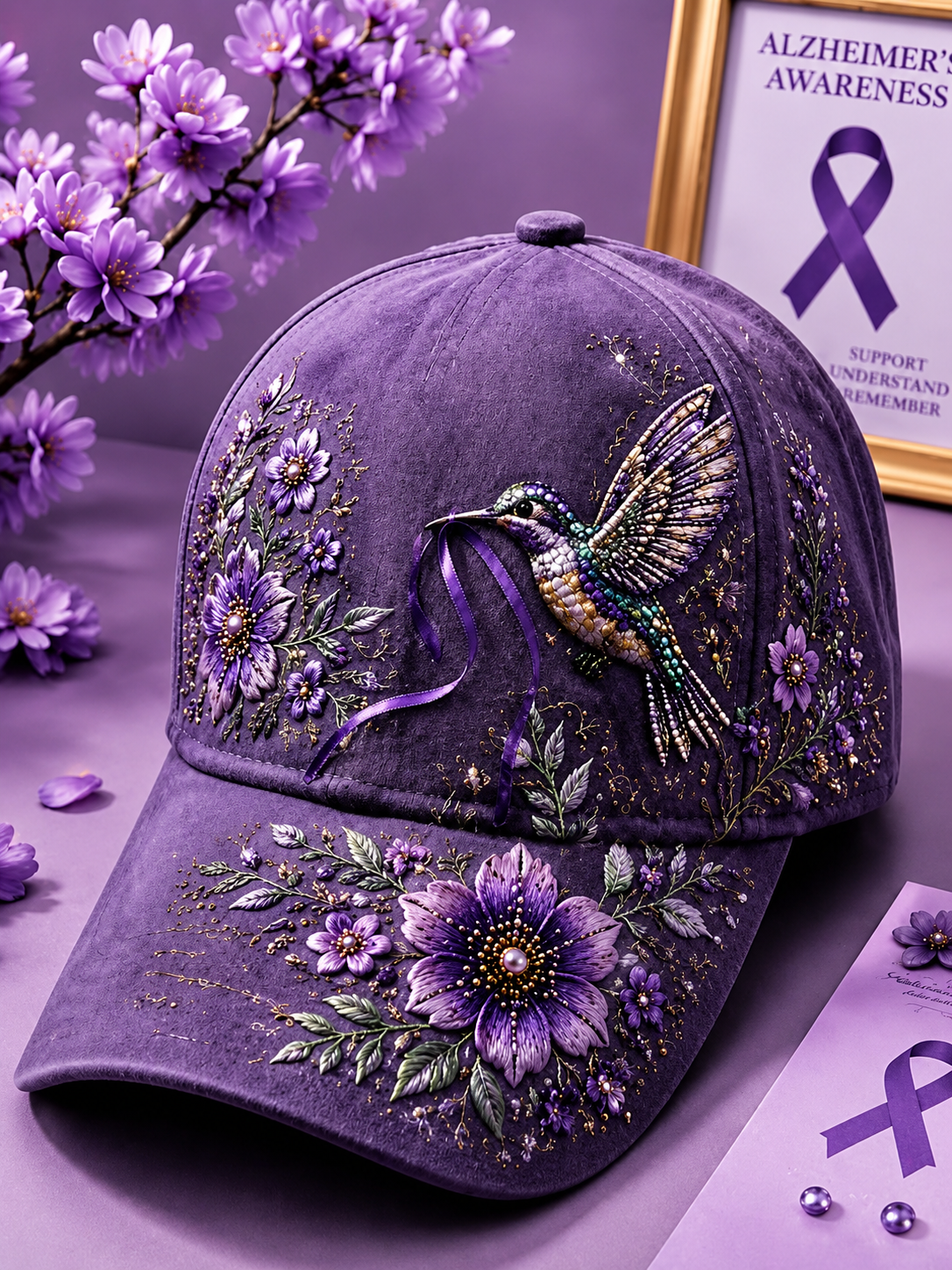 A purple baseball cap decorated with embroidered flowers, a detailed hummingbird embellishment, and purple ribbon accents, styled with purple flowers and an Alzheimer's Awareness sign in the background.