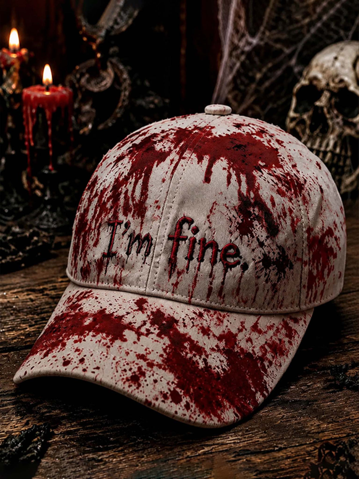 A distressed off-white baseball cap with 'I'm fine.' embroidered in black on the front, heavily splattered with dark red fake blood, displayed on a rustic wooden surface with gothic props like candles, a skull, and cobwebs in the background.