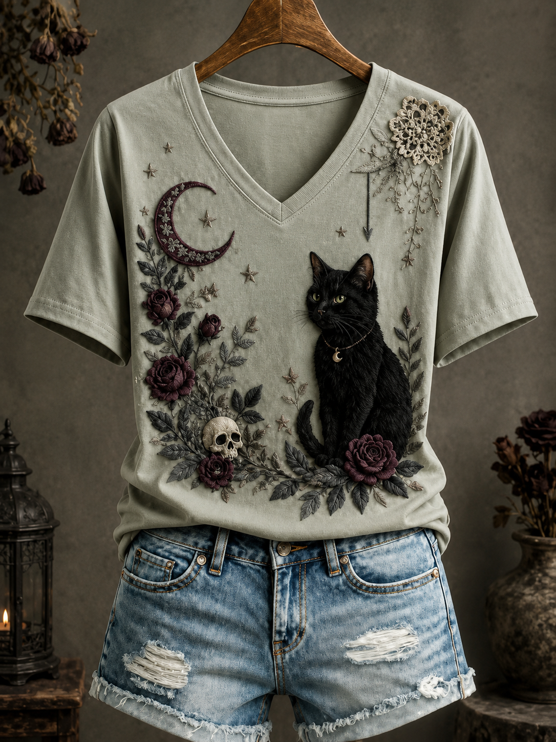 A light sage green V-neck t-shirt with a gothic cat graphic, hanging on a wooden hanger. The shirt features a black cat, a crescent moon, roses, a skull, and stars.