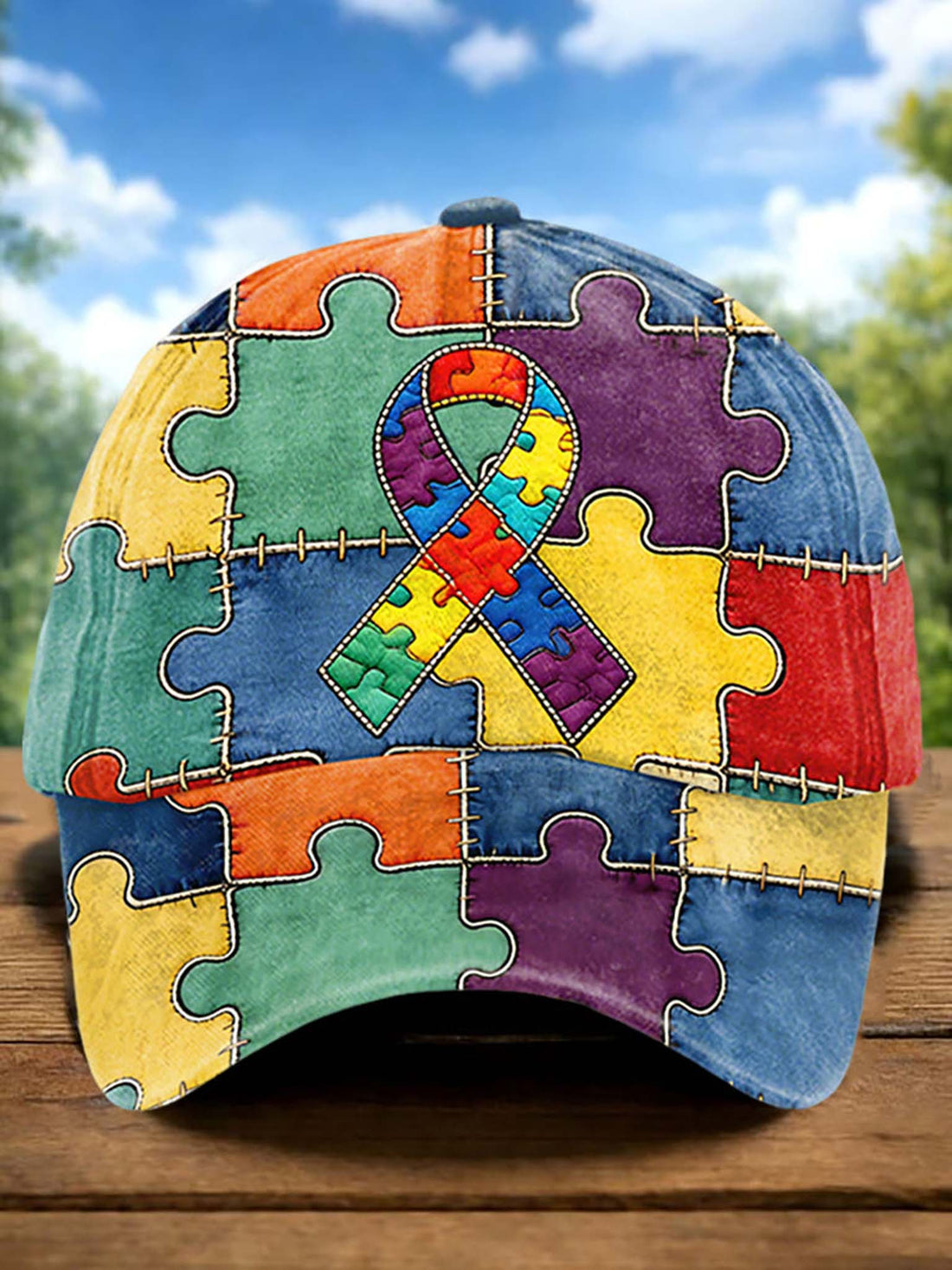 Colorful puzzle-patterned cap with an autism awareness ribbon on a wooden surface with a blurred natural background.
