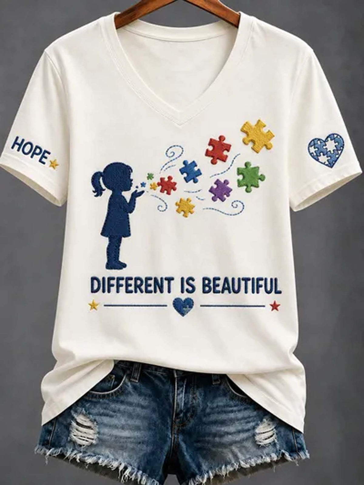 An off-white V-neck t-shirt with a Autism awareness graphic, styled with distressed denim shorts against a dark gray background. The graphic features a silhouette of a girl blowing puzzle pieces, with the text 'DIFFERENT IS BEAUTIFUL' and 'HOPE' on the sleeves.