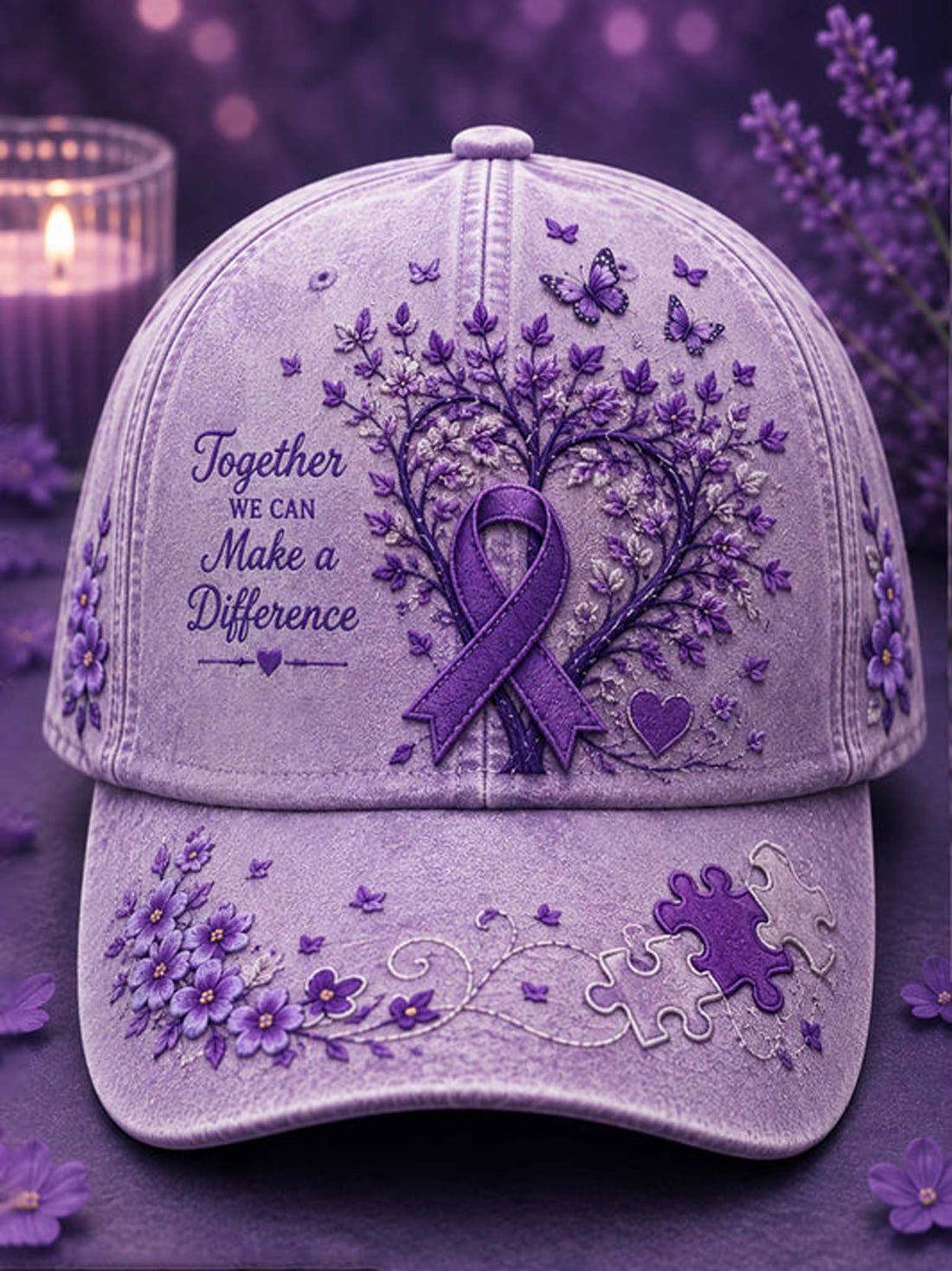 A lavender-purple baseball cap with embroidered purple flowers, butterflies, a ribbon, and the phrase 'Together We Can Make a Difference' on the front, shown against a soft purple background with a blurred candle and lavender sprigs.