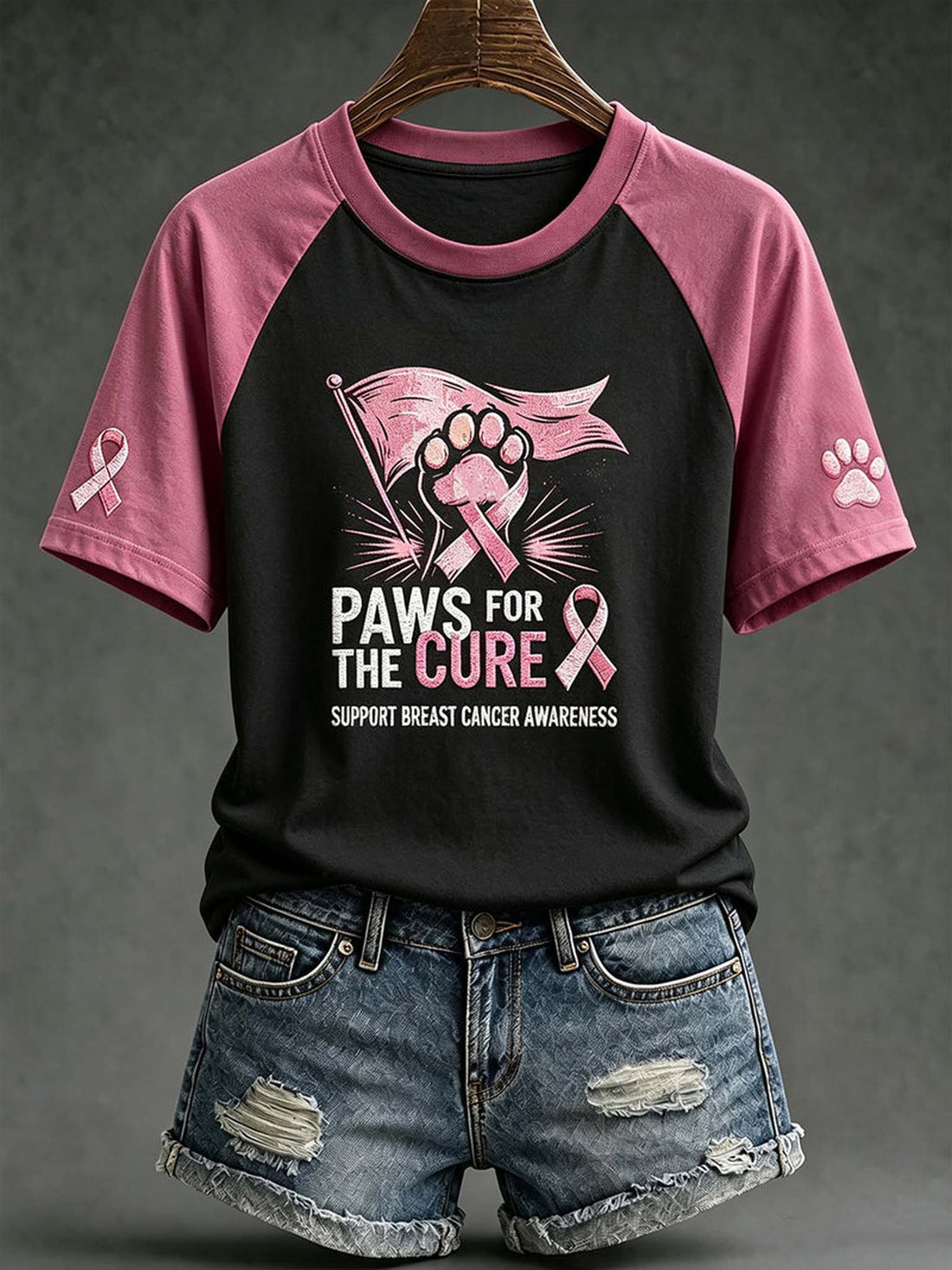A black and pink raglan t-shirt with a 'Paws for the Cure' breast cancer awareness graphic, styled on a wooden hanger with distressed denim shorts against a dark gray background.