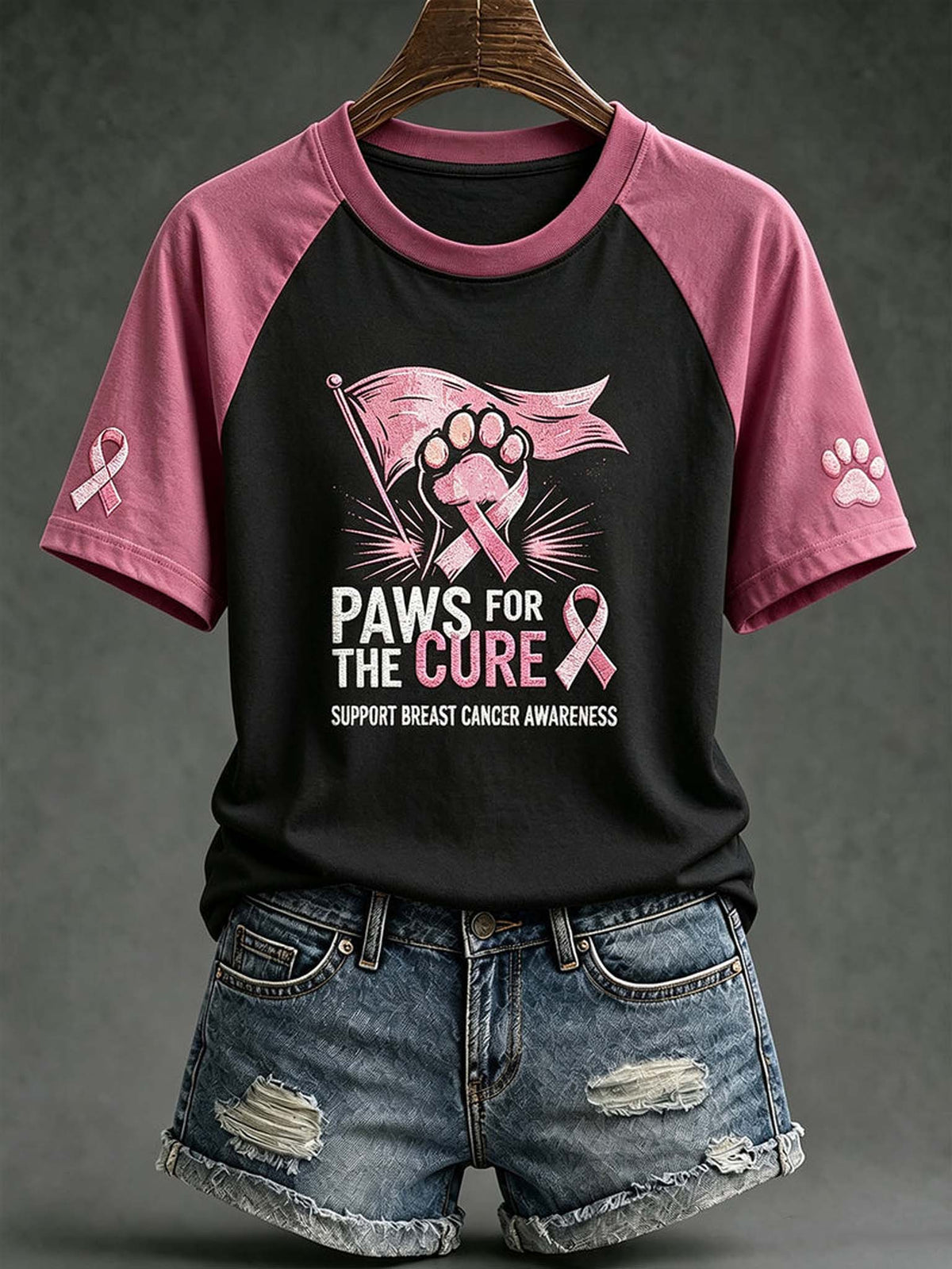 A black and pink raglan t-shirt with a 'Paws for the Cure' breast cancer awareness graphic, styled on a wooden hanger with distressed denim shorts against a dark gray background.