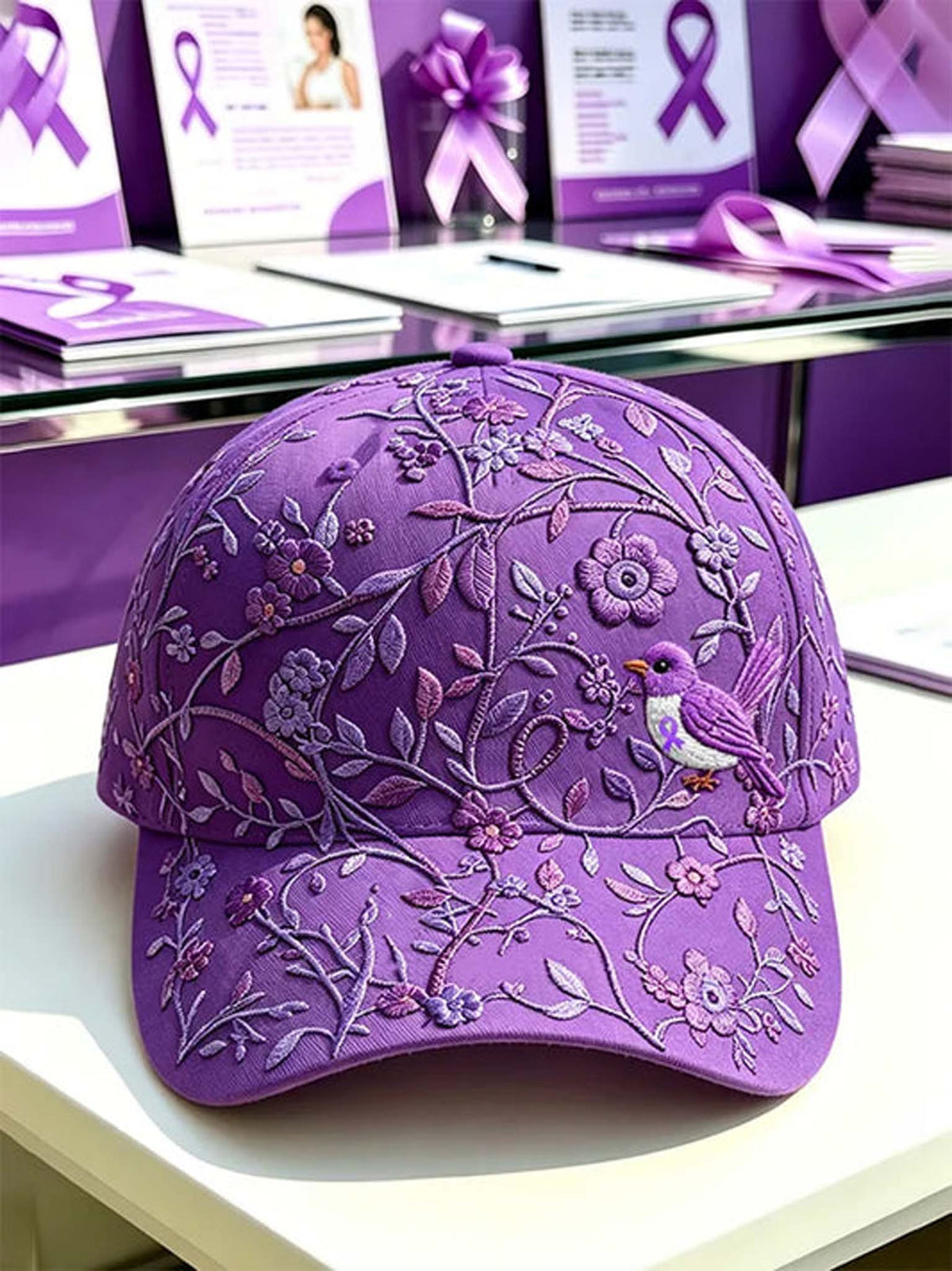 Purple embroidered cap with floral and bird design on a white surface