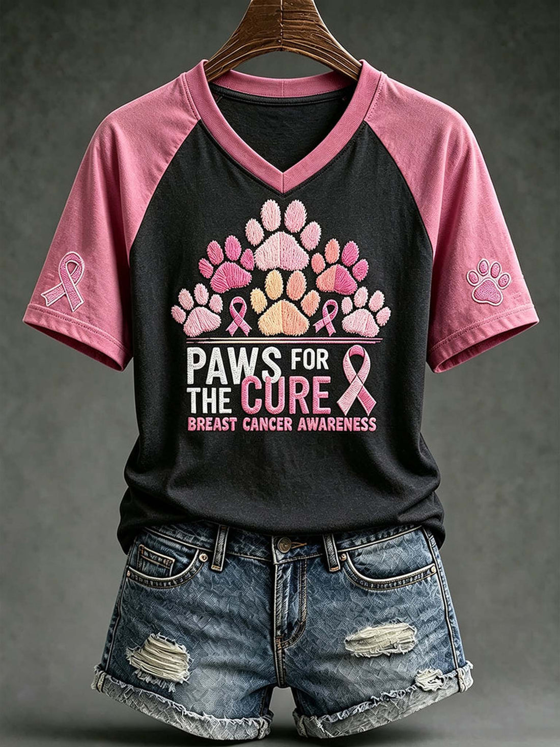 A women's short-sleeve raglan V-neck T-shirt on a hanger, featuring a black body and pink sleeves. The front has a graphic of pink, lavender, and peach paw prints above the text 'PAWS FOR THE CURE BREAST CANCER AWARENESS' with pink ribbons.