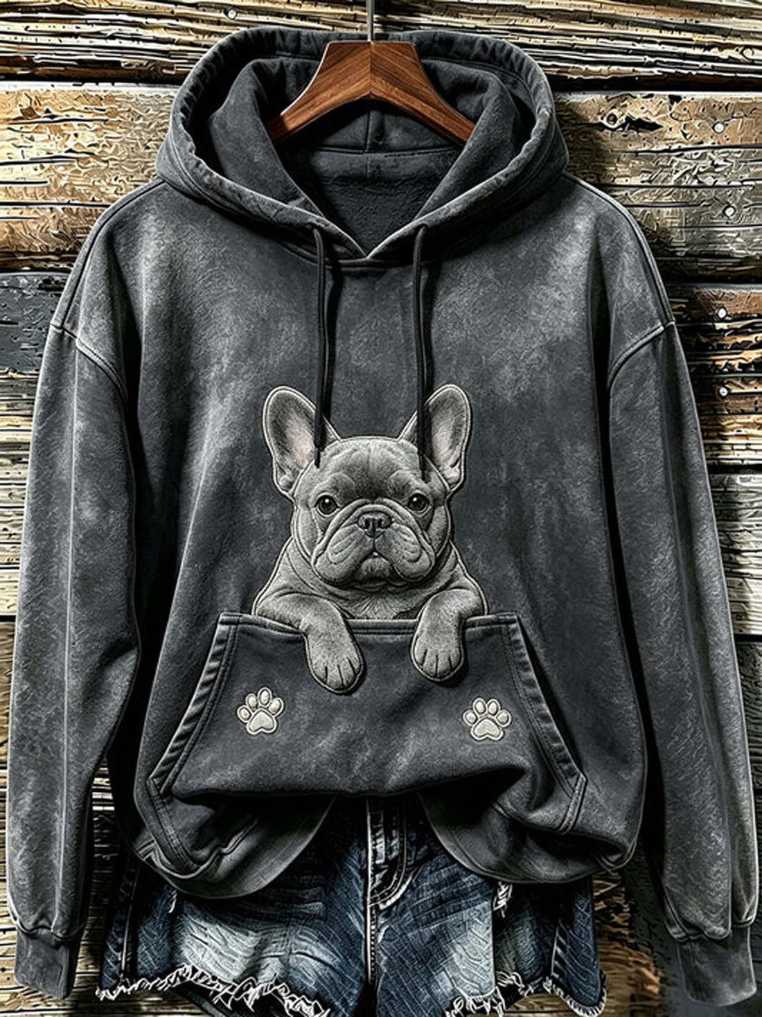 A dark gray mineral-wash hoodie with a detailed graphic of a French Bulldog peeking out of the front kangaroo pocket, styled with denim shorts on a rustic wooden plank background.