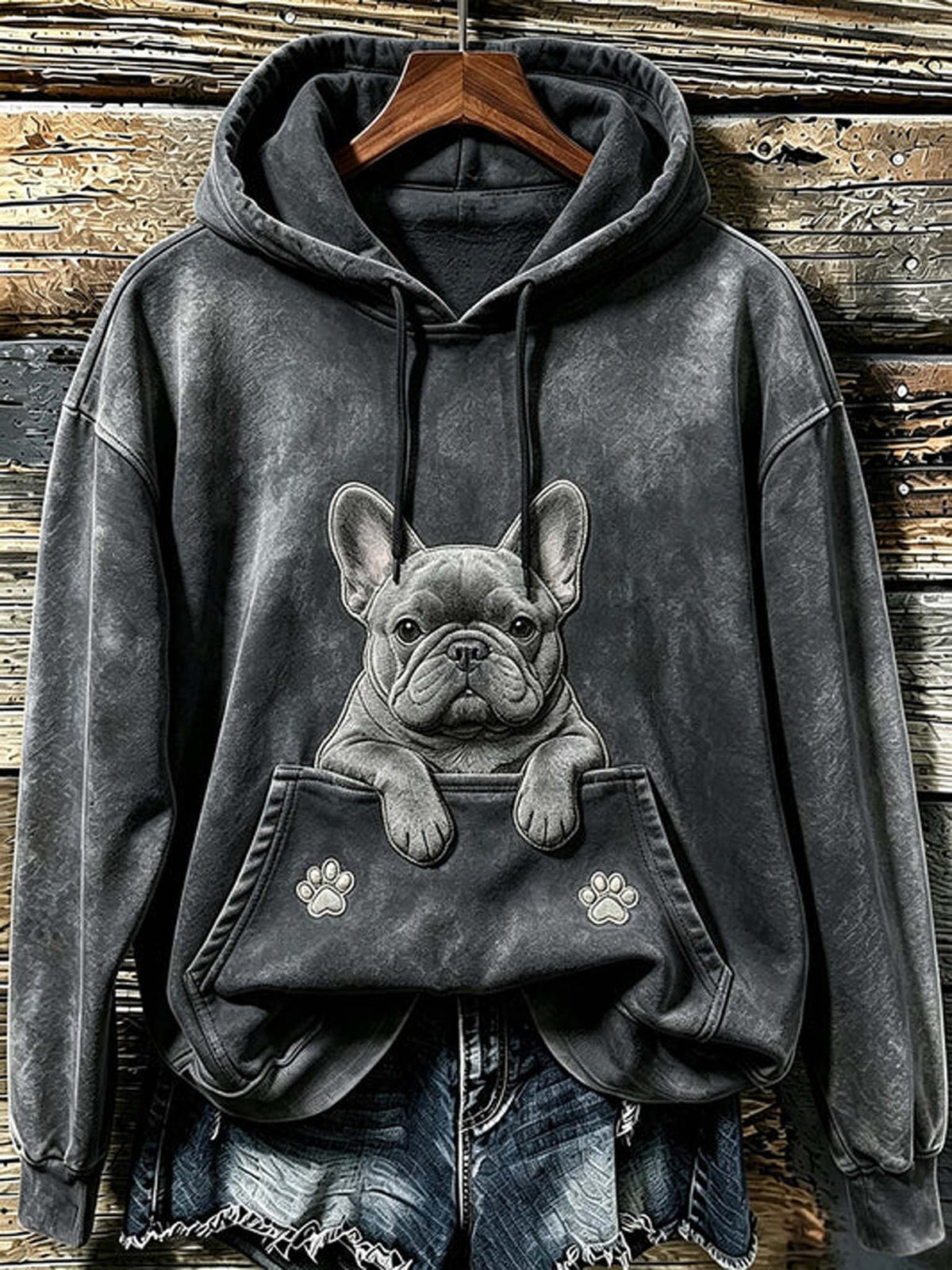 A dark gray mineral-wash hoodie with a detailed graphic of a French Bulldog peeking out of the front kangaroo pocket, styled with denim shorts on a rustic wooden plank background.