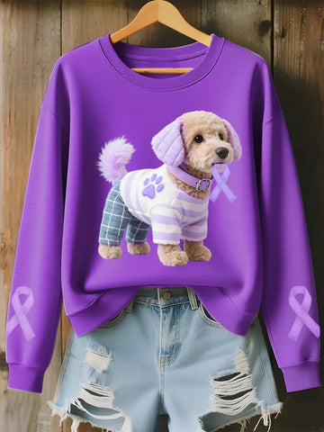 A purple crewneck sweatshirt with a graphic of a poodle wearing a striped sweater and ribbon accessories, styled with light-wash distressed denim shorts on a wooden hanger against a rustic wood plank background.