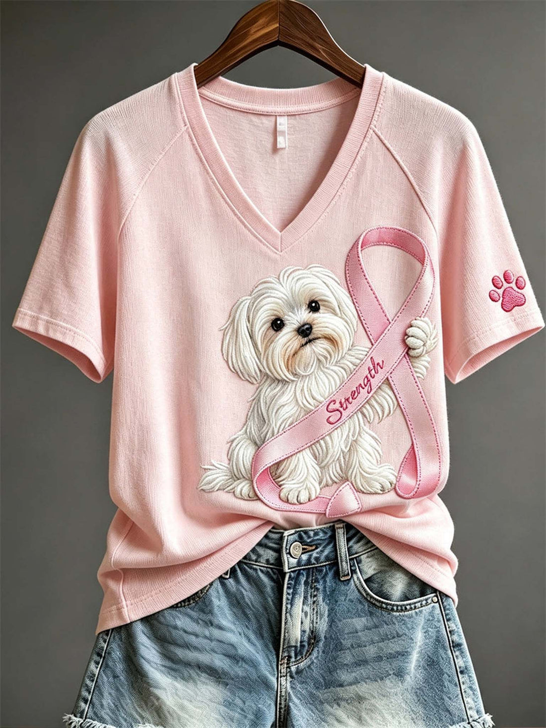 A light pink V-neck short-sleeve T-shirt hanging on a wooden hanger, styled with blue denim shorts. The shirt features a graphic of a white fluffy dog holding a pink ribbon with the word 'Strength' written on it, and a pink paw print on the sleeve.