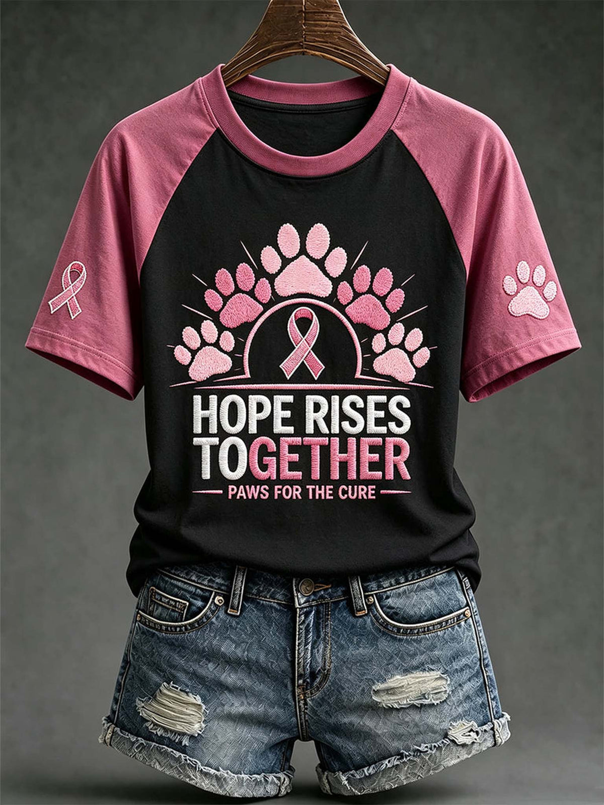 A black and pink raglan t-shirt with a paw print and ribbon graphic, styled with distressed denim shorts on a hanger against a dark gray background.