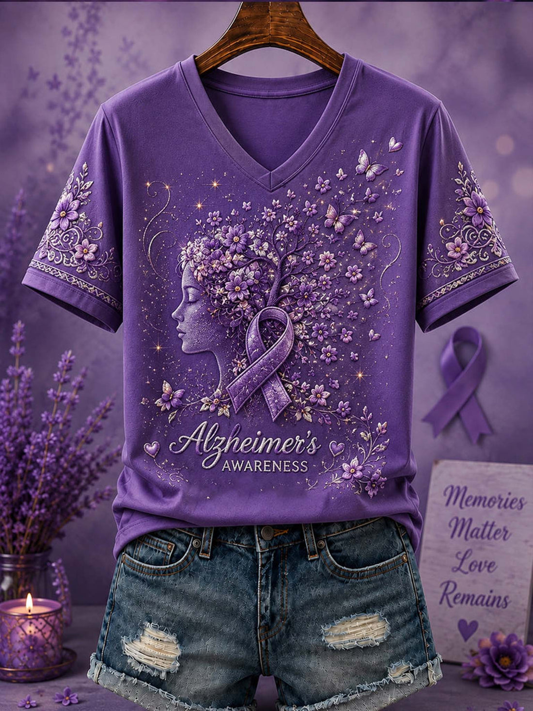 A purple short-sleeve V-neck T-shirt displayed on a hanger with distressed denim shorts, featuring a lavender awareness ribbon, floral design, and the words 'Alzheimer's AWARENESS' on the front. The shirt is styled with lavender stems, a candle, and a memorial sign against a purple background.