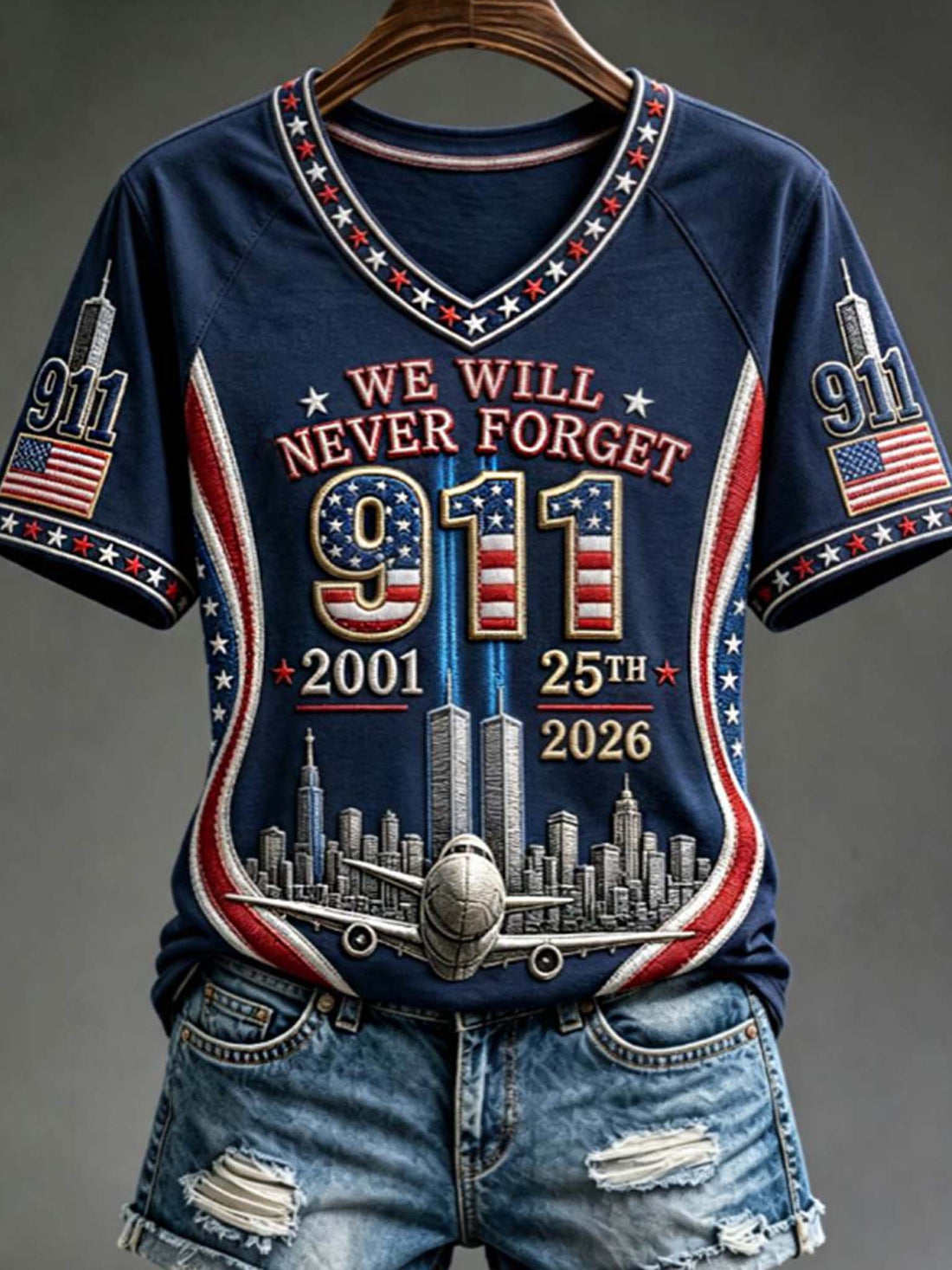 A navy blue short-sleeve t-shirt with a patriotic 9/11 memorial graphic, featuring 'WE WILL NEVER FORGET 9/11 2001 25TH 2026' and a city skyline with an airplane. The shirt is styled with distressed denim shorts on a hanger against a neutral gray background.