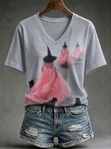 Halloween Witches In Pink 3D V-Neck T-Shirt