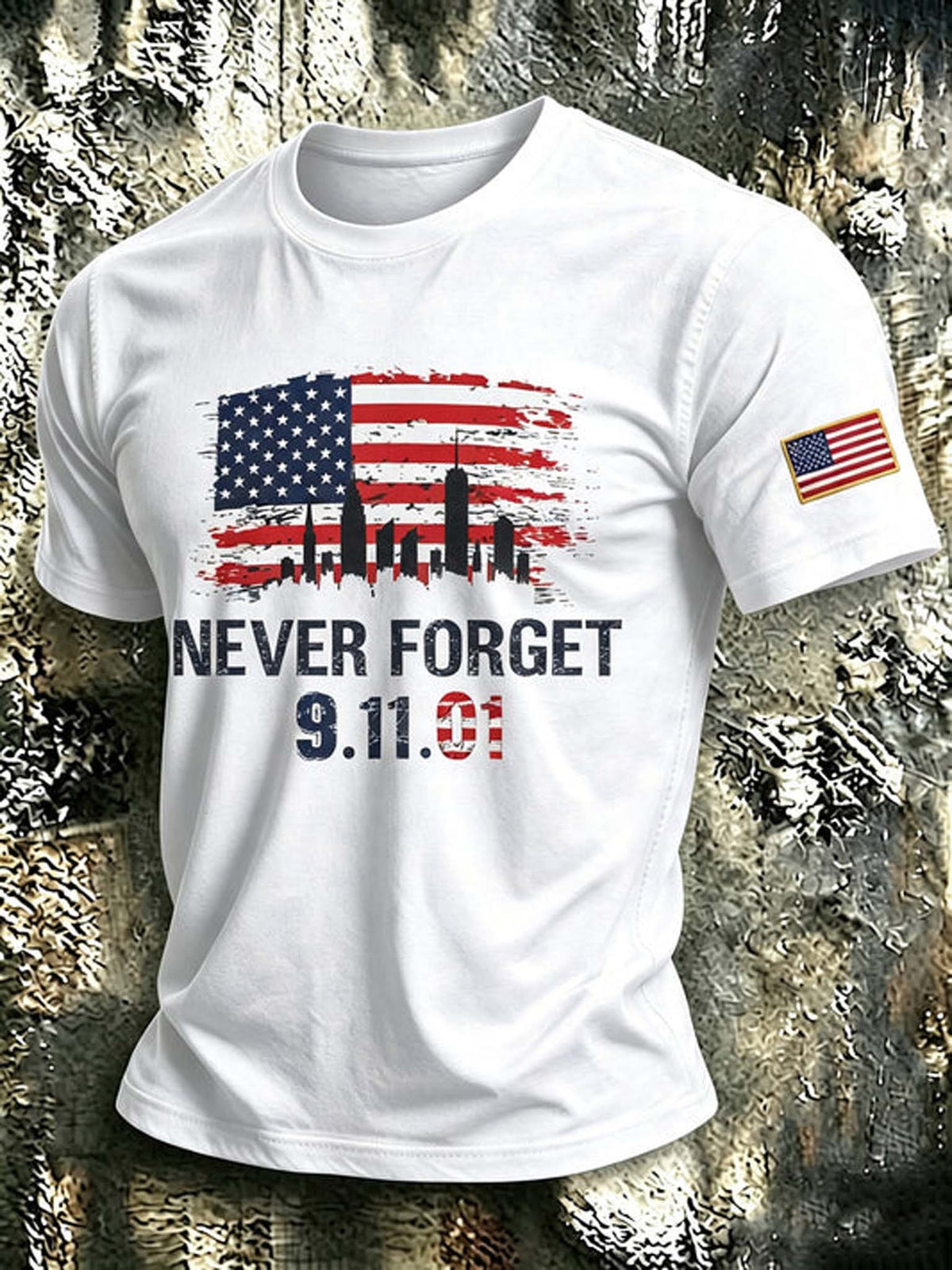 White short-sleeve t-shirt with a distressed American flag and city skyline graphic on the chest, with 'NEVER FORGET 9.11.
