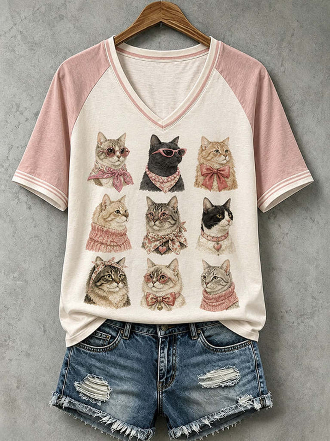 A women's short-sleeve raglan V-neck T-shirt with pink sleeves and a cream body, featuring a graphic print of nine illustrated cats in various outfits. The shirt is displayed on a wooden hanger against a textured gray wall, styled with distressed denim shorts.