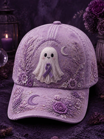 A lavender-purple embroidered baseball cap featuring a white ghost with a purple ribbon on the front, surrounded by floral and crescent moon embroidery, set against a dark purple background with candles and flowers.