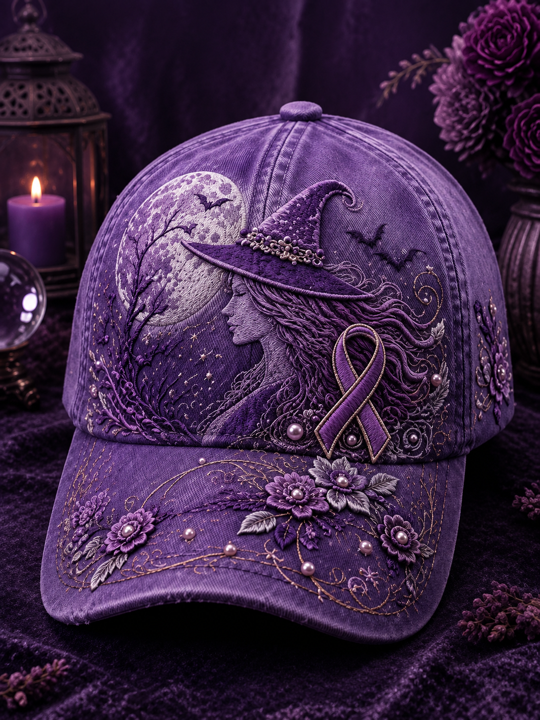 A purple embroidered baseball cap featuring a witch's hat, a profile portrait, a purple awareness ribbon, bats, and floral details, displayed on a dark purple velvet surface with candles and flowers in the background.